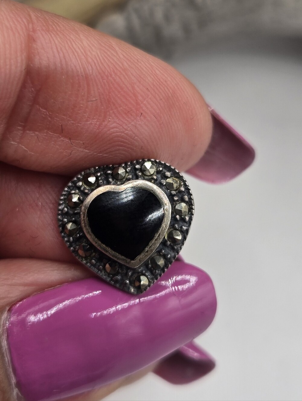 Sterling Silver Heart-Shaped Black Onyx & Marcasite Earrings
